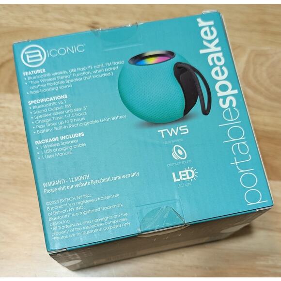 B Iconic Portable Bluetooth Speaker Teal TWS LED Light 5W Wireless New Boxed - Picture 5 of 8